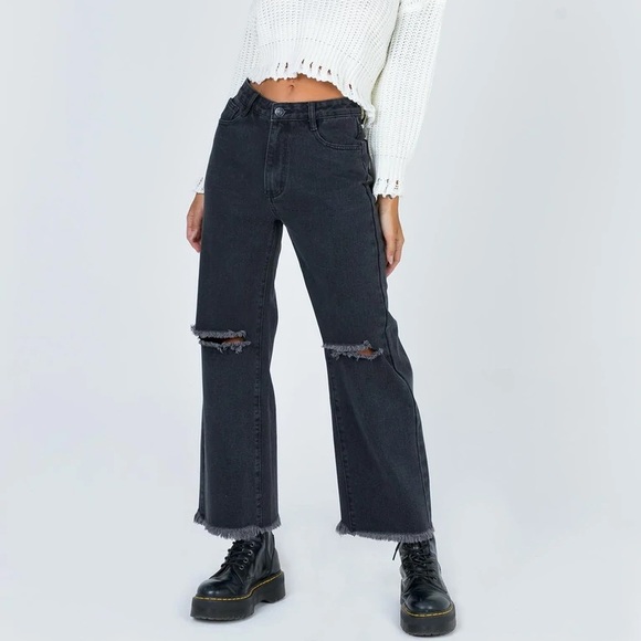 Princess Polly Denim - Princess Polly Black Denim Busted Knee Wide Leg Distressed Cece Harper Rip Jeans
